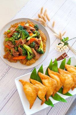 Beef Broccoli Cake Noodles and Crab Puffs