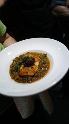 Solomo
 Pan-seared 6 ounce Scottish salmon, lentils, olive tapenade lemon vinaigrette