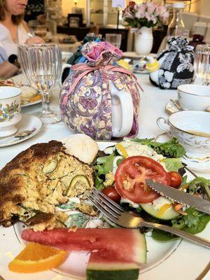 Zucchini Onion Pie, salad, scone and pot of tea!