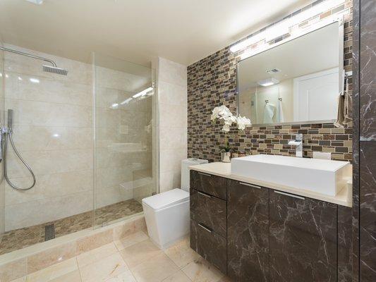 Master Bathroom Remodel. Tub to Shower Conversion, Custom Vanity and Cabinet. Mosaic Accent Wall. Brickell Miami, FL