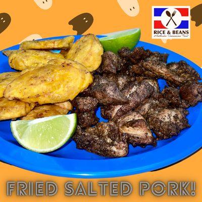 Fried pork strips, twice fried plantains, limes