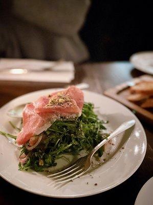 Arugula, Mission figs, shallots, gorgonzola, crispy prosciutto