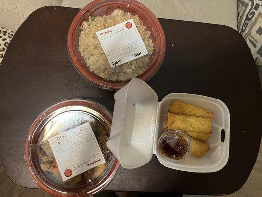 Shrimp fried rice, Veggie Spring Rolls (4pc) and chicken noodles