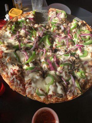 Pizza with sausage, onion, mushroom, green pepper