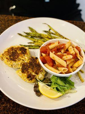 Grilled Crab cake dinner with penne pasta & grilled asparagus