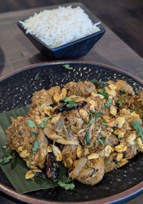 Tellicherry Cashew Pepper Chicken had tender chicken in a saucy blend of crushed black peppers, curry leaves and cashews