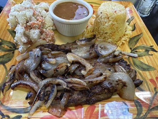 Steak with onions and mushrooms