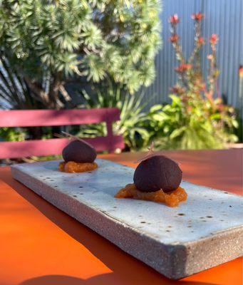 Sweet Bite: Chocolate Amazake Ganache, Pumpkin with Jalapeño Mirin