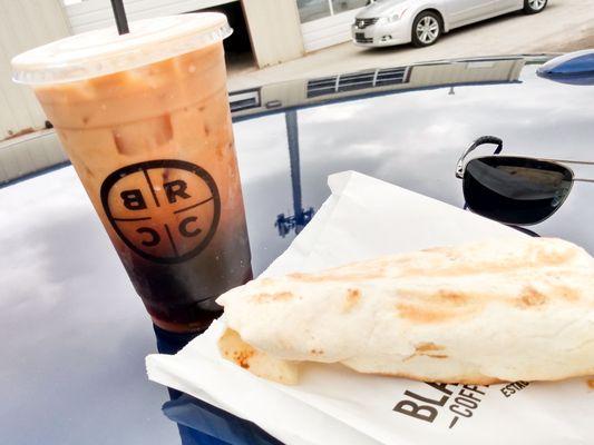 Iced Vanilla latte and breakfast burrito