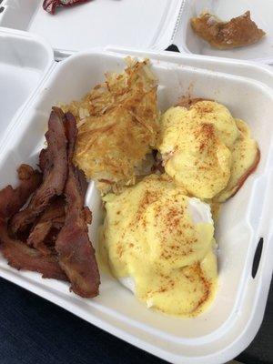 2 Eggs Benedict, Hashbrowns, and Bacon