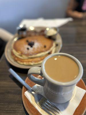 Blueberry Pancakes and coffee with a shot of expresso!