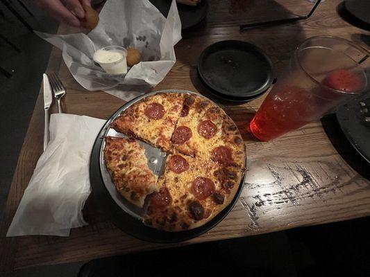 Pepperoni pizza, Shirley temple, fried mushrooms