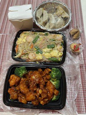 General Tso Cicken, Chow Mei Fun Shrimp, steamed pork dumplings carryout