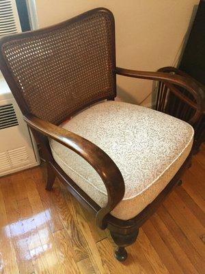 The AFTER - my beautiful secondhand lounge chair restored and recovered, with a new (comfy) cushion. Fabric found at Mood Home.