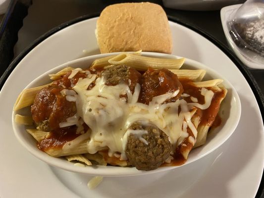 Dinner: Italian Meatballs with Penne Pasta and Marinara.