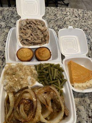 Liver and onions with white rice w/gravy and green beans. Excellent chitterlings with corn muffins and wonderful sweet potato pie.