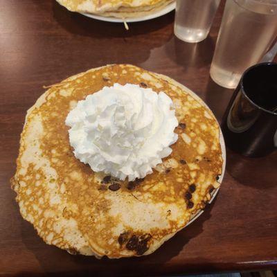 Stack of three chocolate chip pancakes