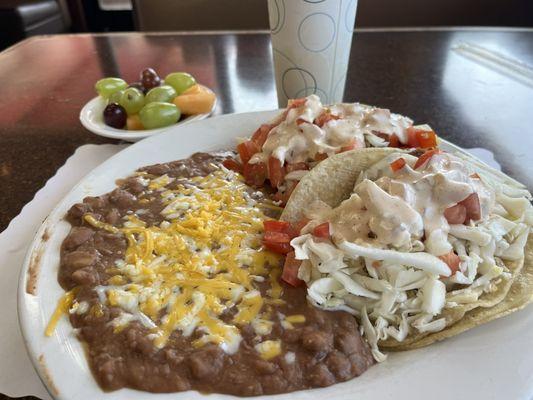 2 fish tacos plate, double beans.