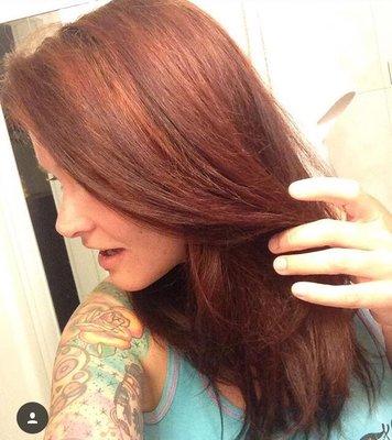 Liz took me from BOX DYE BLACK to this beautiful shade of Amber Brown in 1 day WITHOUT DAMAGING my hair. She's amazing!