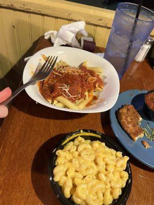 Kids pasta and marinara with a side of mac and cheese