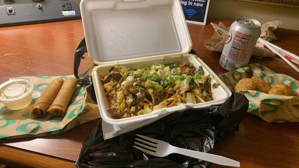 Drunken noodles, egg rolls, sticky rice nuggets with beef jerky