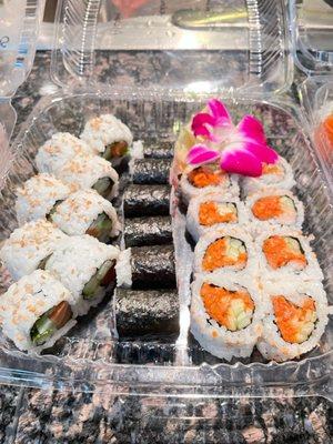 Salmon roll (left) Hamachi (yellowtail) roll (center)  Spicy Salmon Roll (right)