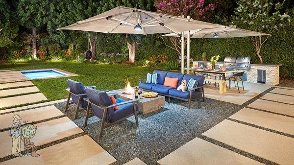 firepit backyard canopy with barbecue by pool