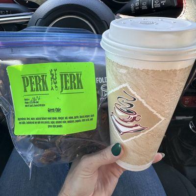 1/4th pound of green chili jerky with a 20 ounce vanilla latte just under $17. (10/26/2023)