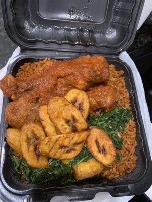 Jollof Rice, Meat, Plantain, and Vegetable Sauce