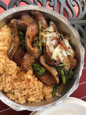 Bronx sausage and pork chop with rice and broccoli rabe