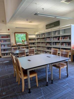 Two work tables and the magazines section.