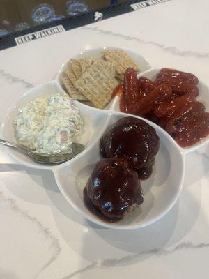 Tailgate sampler. The dip is good and unique. The meatballs and wieners were kinda cold and lacking