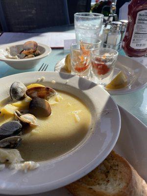 Oyster shooters and steamed clams