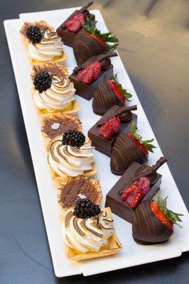 Strawberry Cakes, Chocolate Covered Strawberries and Mini Crème brûlée