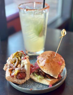 Mini Sonoran dog, mini torta, & original margarita.