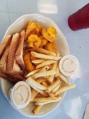 Fried shrimp and fries and toast