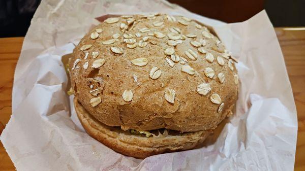 Chicken burger. Small meat patty but a huge bun.