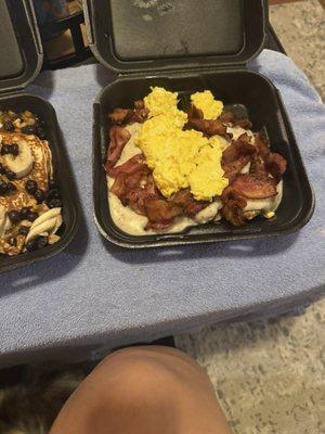 Biscuits, gravy, bacon eggs