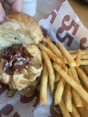 Pimento Cheese Burger with bacon, mayo, and grilled onions