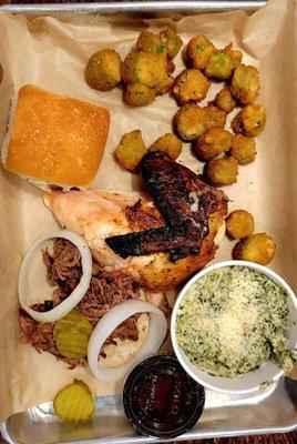 White meat chicken & brisket with creamed spinach and fried okra