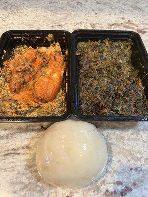 Left: Egusi Stew with Chicken comes with Pounded yam. Right: Efo Riro Stew