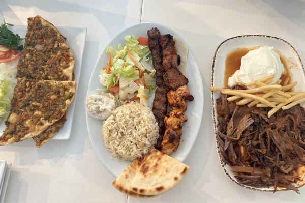 From left to right: Lahmacun, Combo Special Kebab, Bursa Iskender Kebab