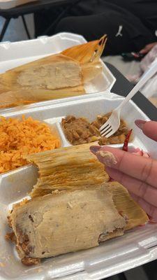 Bean/Bean and Jalapeno Tamales, Pork Tamales, beans and rice