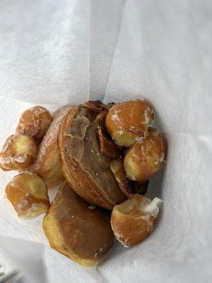 Maple bacon donut, maple bacon long John, donut holes, sugar donut