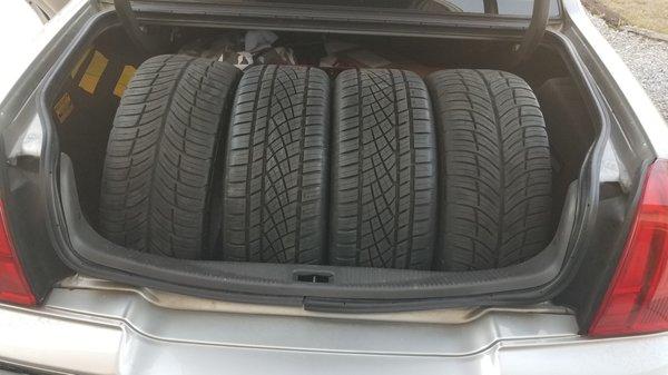 Four tires in the trunk and four more in the back seat. Then Tire Kingdom cancels on me!