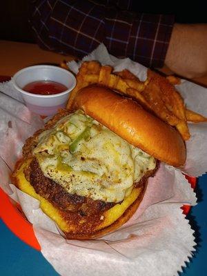 Philly cheese steak burger with cold fries