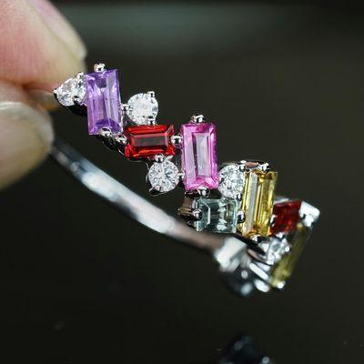 Confetti multi color sapphire ring with diamonds in 14k white gold