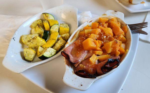 Ham "steak", butternut squash, & roasted summer squash.