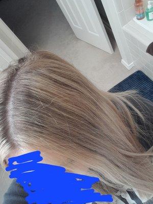 Discolored, bad placement, patchy. I was blamed for this because my hair didn't look like this right after I left the salon.