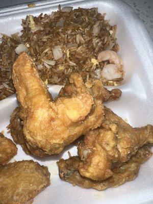 10 Pieces Chicken Wing and Shrimp Fried Rice Special Combination  ( I ate some of the rice already )